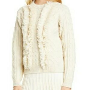 Tory Burch Cable Knit Fringe Wool Sweater Cream Crew Pullover Sweater SZ Medium